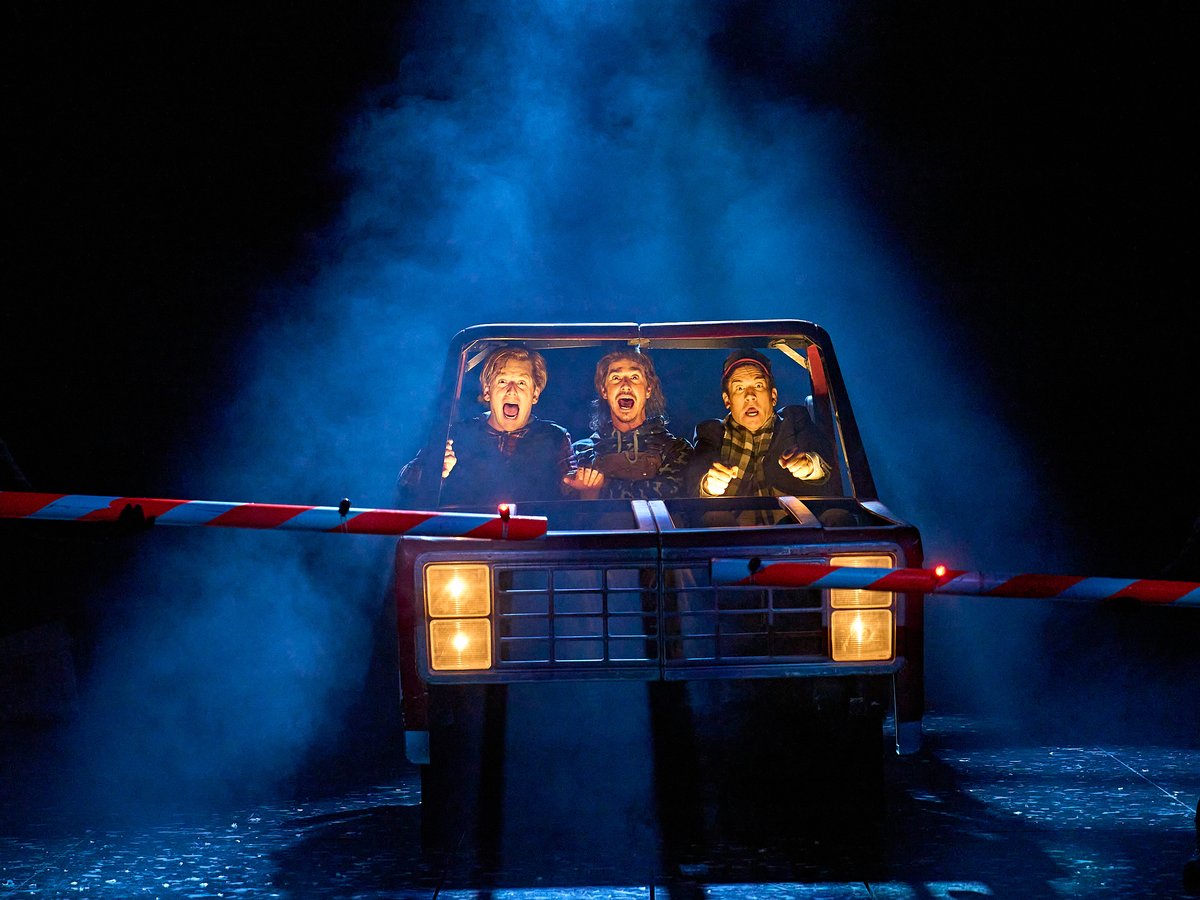 Chris Jenkins (Ensemble [Gus]), Nick Hayes (Ensemble [Ralph]) and Andy Karl (Phil Connors) in Groundhog Day at The Old Vic